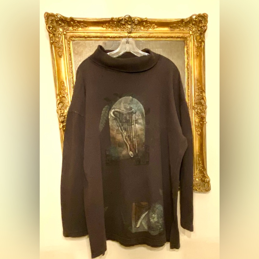 Blue Fish Boho Vintage Brown Turtleneck Top / Tunic w Gorgeous Original Art